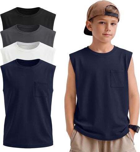 4 Pack Boys Tank Tops Sleeveless Shirts Athletic Casual Crewneck Active Kids Basic Tees with Pocket for Youth 5-14Y in Saudi Arabia