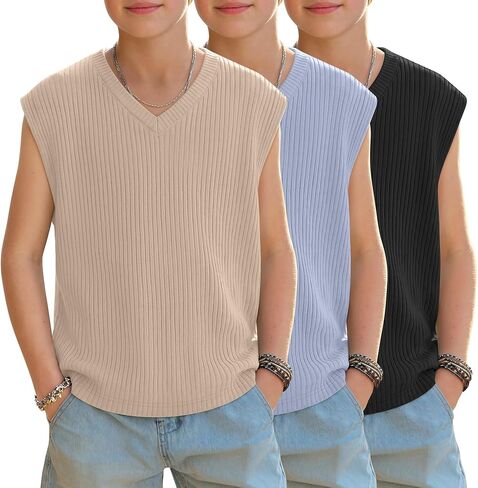 3 Pack Boys' Tanks Cap Sleeve T Shirts Ribbed V Neck Sleeveless Tops Loose Fit Casual Summer Undershirts 5-14 Years in Kuwait