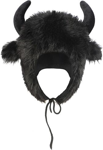 Starsouce Cute Animal Winter Plush Hat with Horns Faxu Fur Hood Warm Trapper Hat Halloween Costume in Kuwait