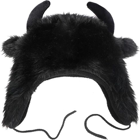 Starsouce Cute Animal Winter Plush Hat with Horns Faxu Fur Hood Warm Trapper Hat Halloween Costume in Kuwait