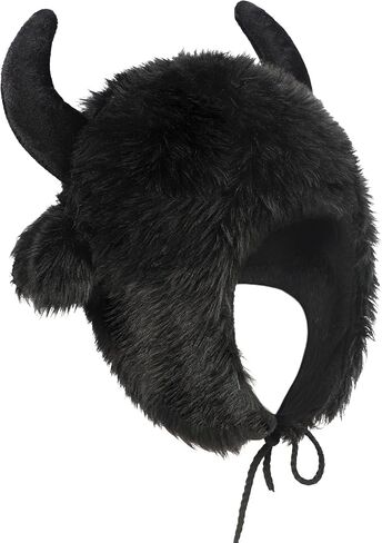 Starsouce Cute Animal Winter Plush Hat with Horns Faxu Fur Hood Warm Trapper Hat Halloween Costume in Kuwait
