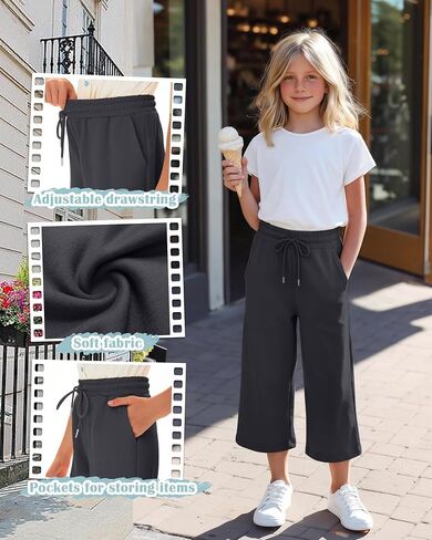 4 Pack Girls' Capri Pants Kids Wide Leg Loose Drawstring Capri Sweatpants Casual Basic Cropped Pants with Pockets in Kuwait