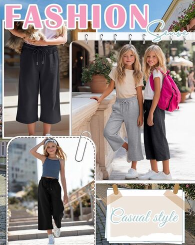 4 Pack Girls' Capri Pants Kids Wide Leg Loose Drawstring Capri Sweatpants Casual Basic Cropped Pants with Pockets in Kuwait