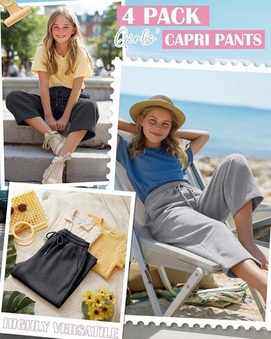 4 Pack Girls' Capri Pants Kids Wide Leg Loose Drawstring Capri Sweatpants Casual Basic Cropped Pants with Pockets in Kuwait