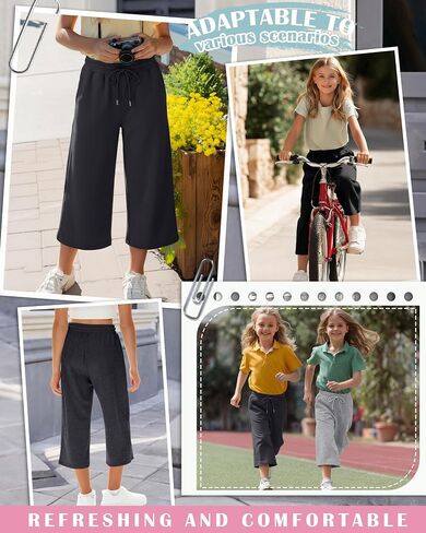 4 Pack Girls' Capri Pants Kids Wide Leg Loose Drawstring Capri Sweatpants Casual Basic Cropped Pants with Pockets in Kuwait