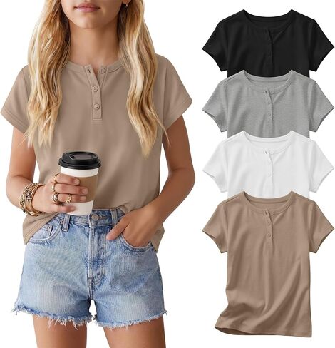 4 Pack Girls' T-Shirts Henley Short Sleeve Tops 5-14 Years Kids Crew Neck Casual Tees Loose School Summer Clothes in Saudi Arabia