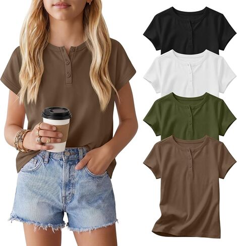 4 Pack Girls' T-Shirts Henley Short Sleeve Tops 5-14 Years Kids Crew Neck Casual Tees Loose School Summer Clothes in Kuwait
