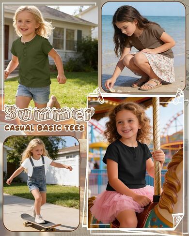 4 Pack Girls' T-Shirts Henley Short Sleeve Tops 5-14 Years Kids Crew Neck Casual Tees Loose School Summer Clothes in Kuwait