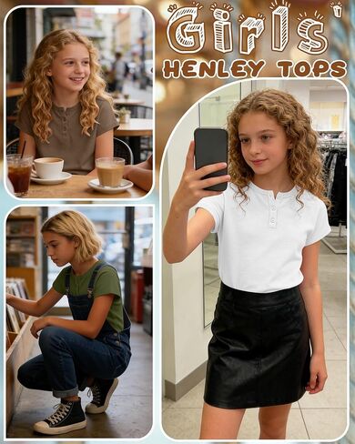 4 Pack Girls' T-Shirts Henley Short Sleeve Tops 5-14 Years Kids Crew Neck Casual Tees Loose School Summer Clothes in Kuwait