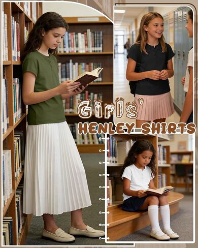 4 Pack Girls' T-Shirts Henley Short Sleeve Tops 5-14 Years Kids Crew Neck Casual Tees Loose School Summer Clothes in Kuwait