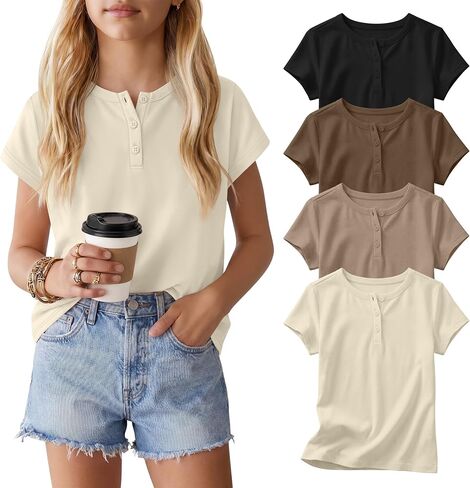 4 Pack Girls' T-Shirts Henley Short Sleeve Tops 5-14 Years Kids Crew Neck Casual Tees Loose School Summer Clothes in Kuwait