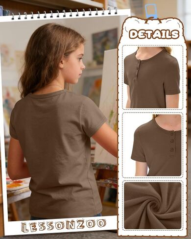 4 Pack Girls' T-Shirts Henley Short Sleeve Tops 5-14 Years Kids Crew Neck Casual Tees Loose School Summer Clothes in Kuwait