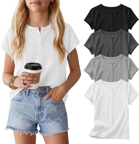 4 Pack Girls' T-Shirts Henley Short Sleeve Tops 5-14 Years Kids Crew Neck Casual Tees Loose School Summer Clothes in Kuwait