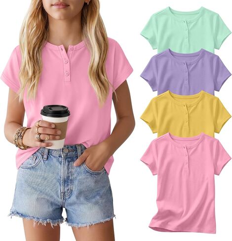 4 Pack Girls' T-Shirts Henley Short Sleeve Tops 5-14 Years Kids Crew Neck Casual Tees Loose School Summer Clothes in Kuwait