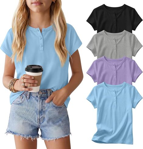 4 Pack Girls' T-Shirts Henley Short Sleeve Tops 5-14 Years Kids Crew Neck Casual Tees Loose School Summer Clothes in Kuwait