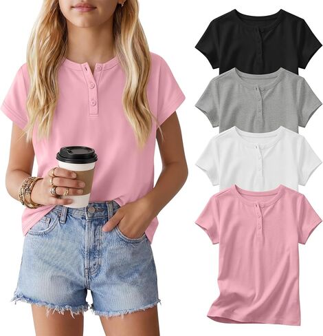 4 Pack Girls' T-Shirts Henley Short Sleeve Tops 5-14 Years Kids Crew Neck Casual Tees Loose School Summer Clothes in Kuwait