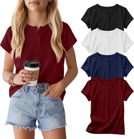 4 Pack Girls' T-Shirts Henley Short Sleeve Tops 5-14 Years Kids Crew Neck Casual Tees Loose School Summer Clothes in Kuwait
