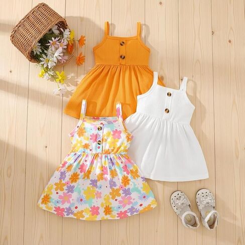 Baby Girl Clothes Sleeveless Ribbed Sundress Floral Print Casual Summer Infant Outfit Dresses 3PCS in Saudi Arabia