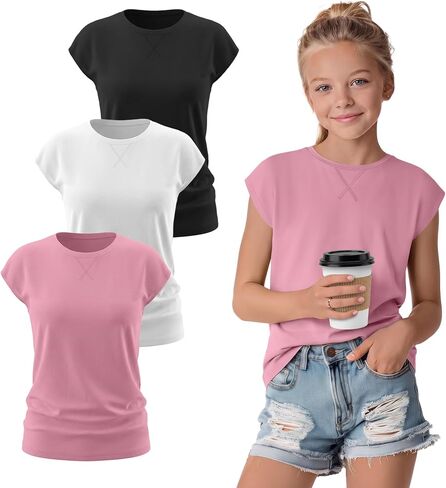 3 Pack Girl's Short Sleeve Shirts Kids Cap Sleeve Crewneck Tops Casual Summer Loose Fit Tees for Teens in Saudi Arabia