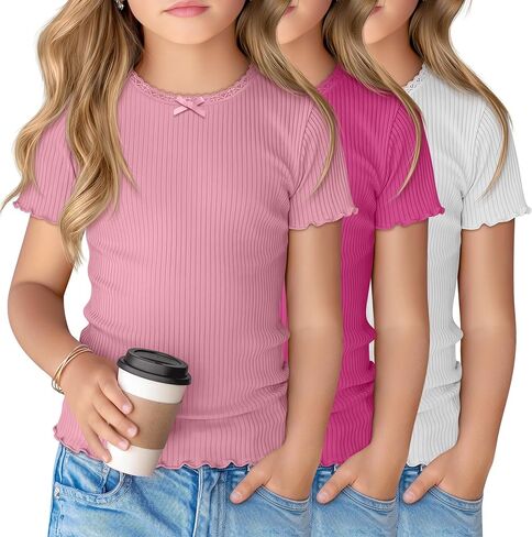 3 Pack Girl's Short Sleeve Shirts Ribbed Crewneck Lettuce Trim Tops Lace Bow Casual Slim Fit T-Shirts 5-14 Years in Saudi Arabia