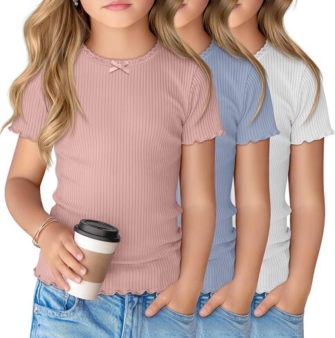 3 Pack Girl's Short Sleeve Shirts Ribbed Crewneck Lettuce Trim Tops Lace Bow Casual Slim Fit T-Shirts 5-14 Years in Saudi Arabia