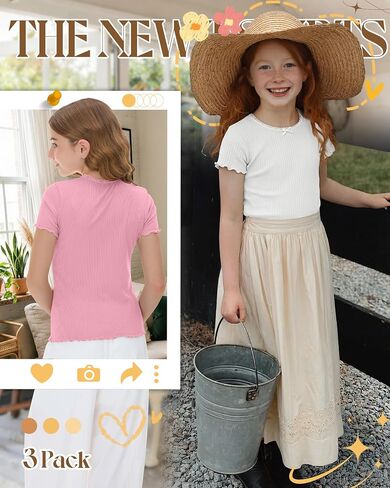 3 Pack Girl's Short Sleeve Shirts Ribbed Crewneck Lettuce Trim Tops Lace Bow Casual Slim Fit T-Shirts 5-14 Years in Saudi Arabia