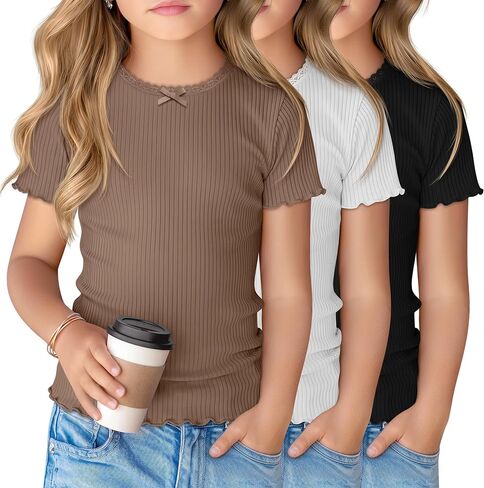 3 Pack Girl's Short Sleeve Shirts Ribbed Crewneck Lettuce Trim Tops Lace Bow Casual Slim Fit T-Shirts 5-14 Years in Saudi Arabia