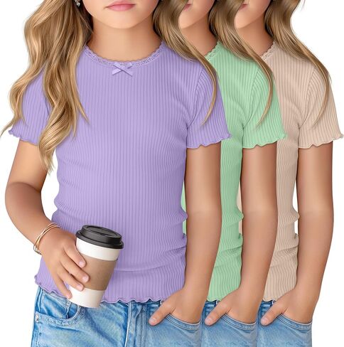 3 Pack Girl's Short Sleeve Shirts Ribbed Crewneck Lettuce Trim Tops Lace Bow Casual Slim Fit T-Shirts 5-14 Years in Saudi Arabia