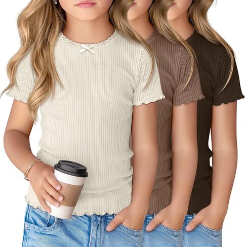 3 Pack Girl's Short Sleeve Shirts Ribbed Crewneck Lettuce Trim Tops Lace Bow Casual Slim Fit T-Shirts 5-14 Years in Saudi Arabia
