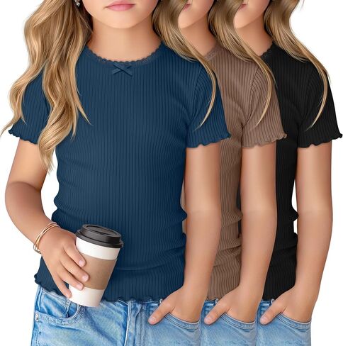 3 Pack Girl's Short Sleeve Shirts Ribbed Crewneck Lettuce Trim Tops Lace Bow Casual Slim Fit T-Shirts 5-14 Years in Saudi Arabia
