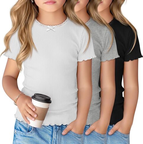 3 Pack Girl's Short Sleeve Shirts Ribbed Crewneck Lettuce Trim Tops Lace Bow Casual Slim Fit T-Shirts 5-14 Years in Saudi Arabia
