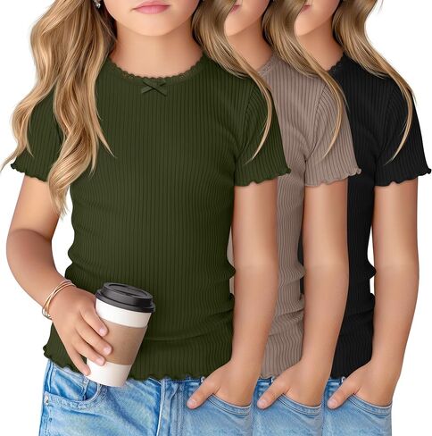 3 Pack Girl's Short Sleeve Shirts Ribbed Crewneck Lettuce Trim Tops Lace Bow Casual Slim Fit T-Shirts 5-14 Years in Saudi Arabia