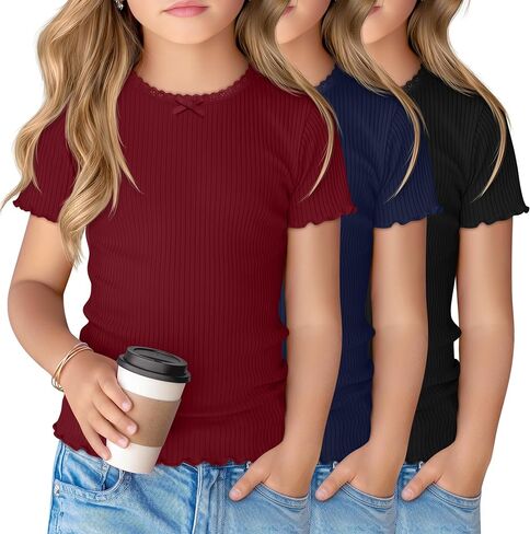 3 Pack Girl's Short Sleeve Shirts Ribbed Crewneck Lettuce Trim Tops Lace Bow Casual Slim Fit T-Shirts 5-14 Years in Saudi Arabia
