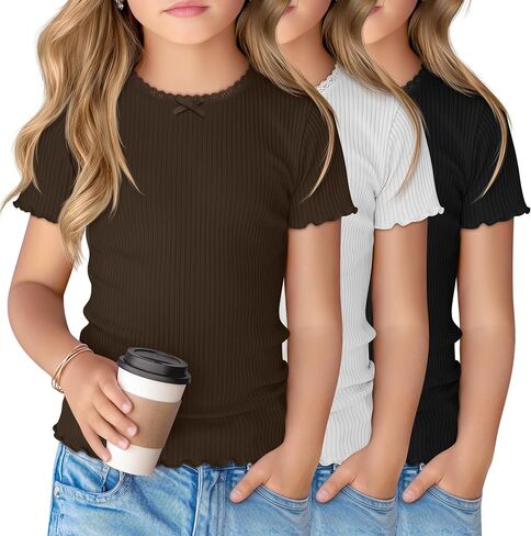 3 Pack Girl's Short Sleeve Shirts Ribbed Crewneck Lettuce Trim Tops Lace Bow Casual Slim Fit T-Shirts 5-14 Years in Saudi Arabia