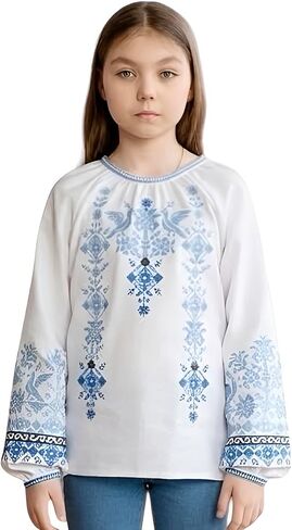 Girls' Homespun Cotton Blouse Blue Bird Geometric Embroidery Ukrainian Vyshyvanka Long Sleeve Boho Peasant Top in Kuwait