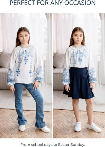 Girls' Homespun Cotton Blouse Blue Bird Geometric Embroidery Ukrainian Vyshyvanka Long Sleeve Boho Peasant Top in Kuwait
