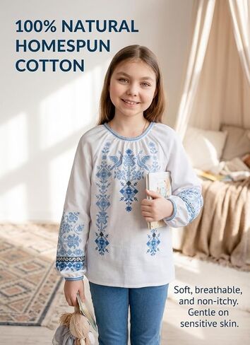 Girls' Homespun Cotton Blouse Blue Bird Geometric Embroidery Ukrainian Vyshyvanka Long Sleeve Boho Peasant Top in Kuwait