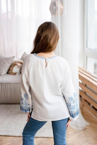 Girls' Homespun Cotton Blouse Blue Bird Geometric Embroidery Ukrainian Vyshyvanka Long Sleeve Boho Peasant Top in Kuwait