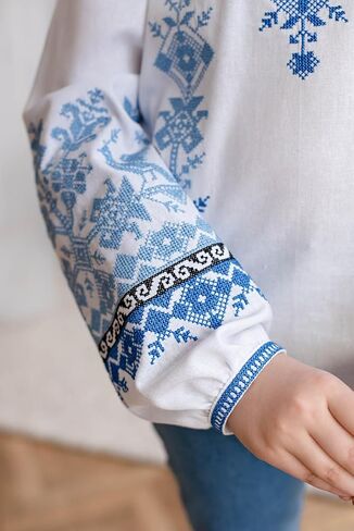 Girls' Homespun Cotton Blouse Blue Bird Geometric Embroidery Ukrainian Vyshyvanka Long Sleeve Boho Peasant Top in Kuwait