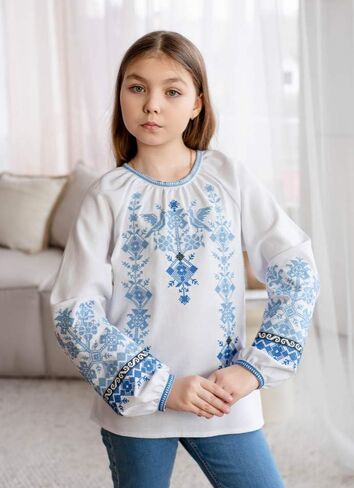 Girls' Homespun Cotton Blouse Blue Bird Geometric Embroidery Ukrainian Vyshyvanka Long Sleeve Boho Peasant Top in Kuwait