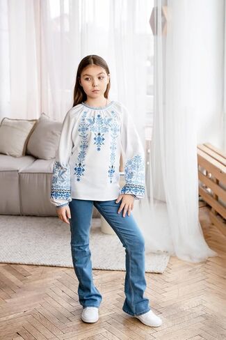Girls' Homespun Cotton Blouse Blue Bird Geometric Embroidery Ukrainian Vyshyvanka Long Sleeve Boho Peasant Top in Kuwait