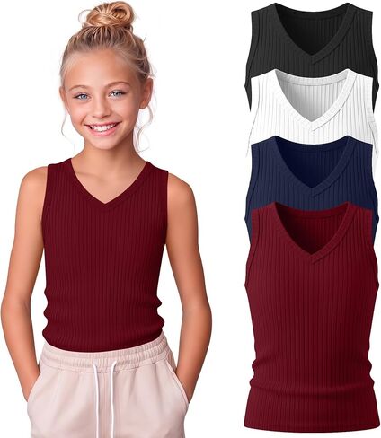 Oakgarden 4 Pack Girls' Tank Tops Ribbed V Neck Sleeveless Cute Summer Tee Slim Fitted Camisole Kids Soft Casual Basic Tanks in Kuwait