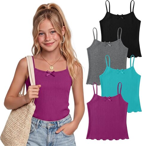 4 Pack Girl's Camisole Ribbed Knit Tank Tops Lettuce Hem Sleeveless Undershirts Kids Casual Basic Clothes 3-12 Years in Kuwait