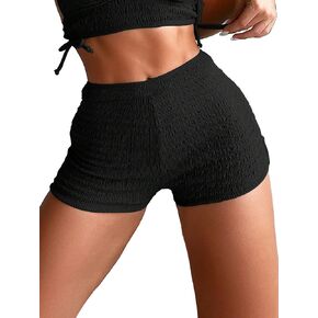 OYOANGLE Women's High Elastic Waist Bikini Bottoms Solid Plain Textured Beachwear Swim Shorts