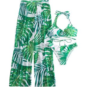 Verdusa Women's 3 Piece Tropical Print Halter Bikini Swimsuit with Cover Up Pants