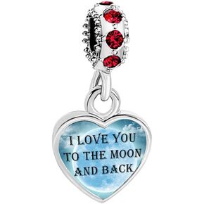 CharmSStory Heart I Love You To The Moon and Back Dangle Red Synthetic Crystal Beads For Charms Bracelets