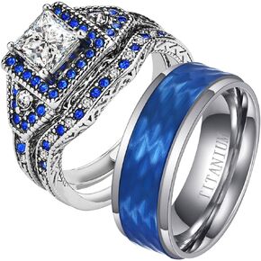Adjustable size Bridal sets Wedding Ring Sets His And Hers Promise Ring Couples Bridal Sets Women 925 Sterling Silver Square Cz Man Titanium Wedding Band