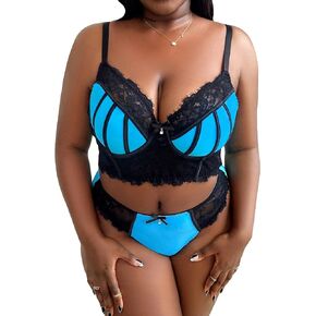 WDIRARA Women's Plus Size Floral Lace Mesh Color Block Lingerie Sets Bralettes and Bow Panty Set