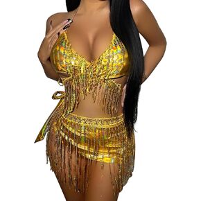 ABAFIP Women Metallic Shiny Rave Outfits Top Shorts Sequin Tassel Wrap Mini Skirt Dancewear Bodysuit