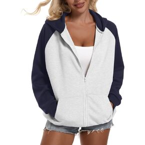 Oversized Color Block Full Zip Up Hoodies for Women Lightweight Hooded Sweatshirt Trendy Casual Jacket with Pockets